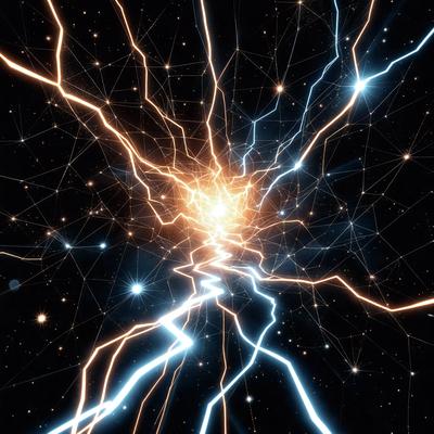 The primary subject of the image is a brightly lit, colorful, and abstract pattern of light, which appears to be a neon or electric-like display. The setting is a dark background, which contrasts with the vibrant colors and patterns of the light display. The visual style of the image is a combination of digital art and illustration, creating a unique and eye-catching composition. The colors and mood of the image are energetic, lively, and dynamic, with the bright lights and patterns evoking